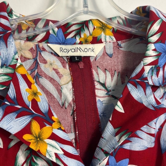 Royal Monk Red Tropical Print Floral Tie Front V Neck Midi Dress Size Large - Picture 4 of 13